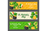 Saint Patricks Day banners. Flag Ireland, pot of gold coins, shamrocks, green hat and horseshoe