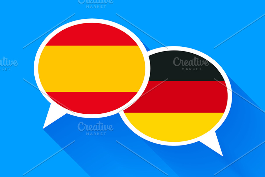 Two white speech bubbles with flags
