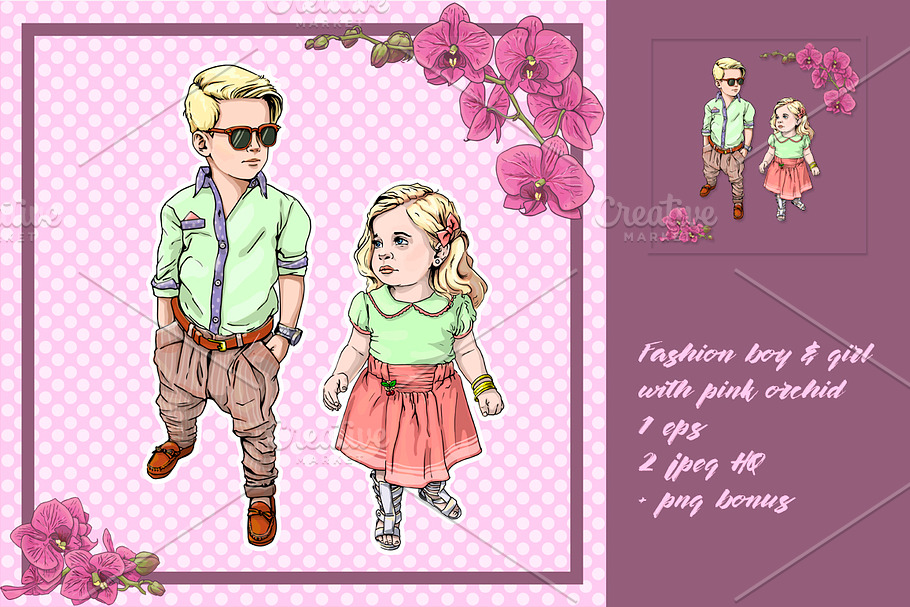 Fashion children with orchid in Illustrations - product preview 8