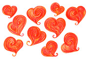 Watercolor red doodle hearts symbol