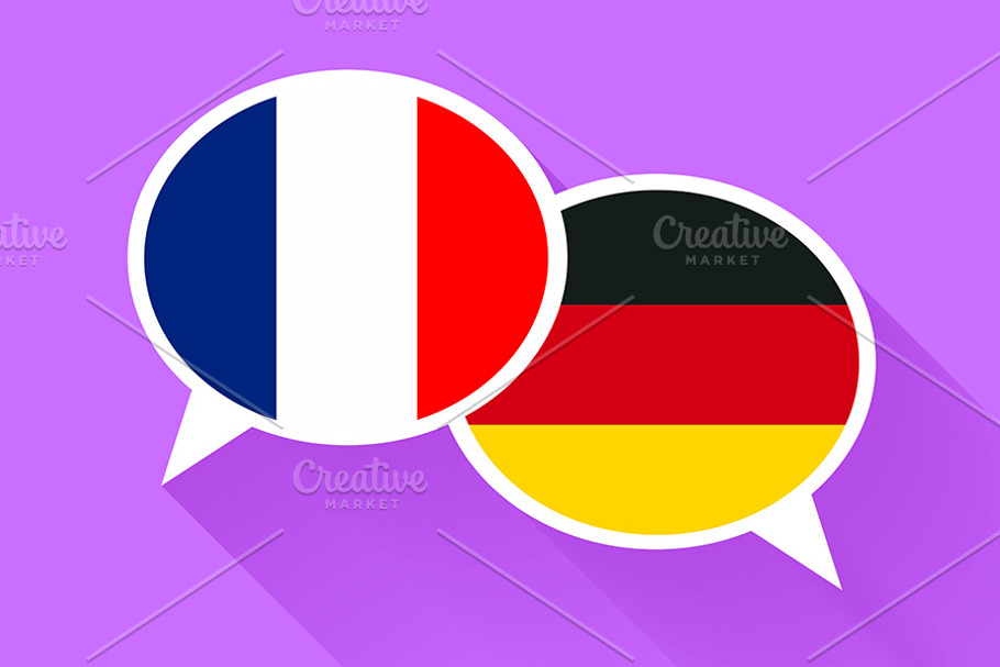 Two white speech bubbles with flags