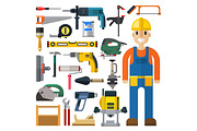 Construction man and building tools vector set.
