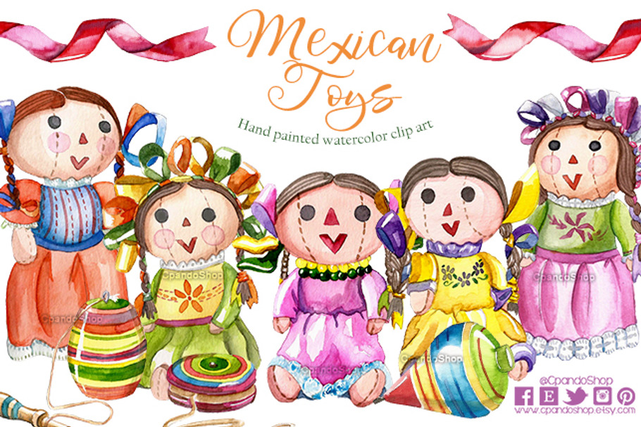 Mexican toys watercolor clip art in Illustrations - product preview 8
