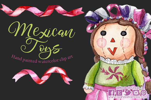 Mexican toys watercolor clip art in Illustrations - product preview 2