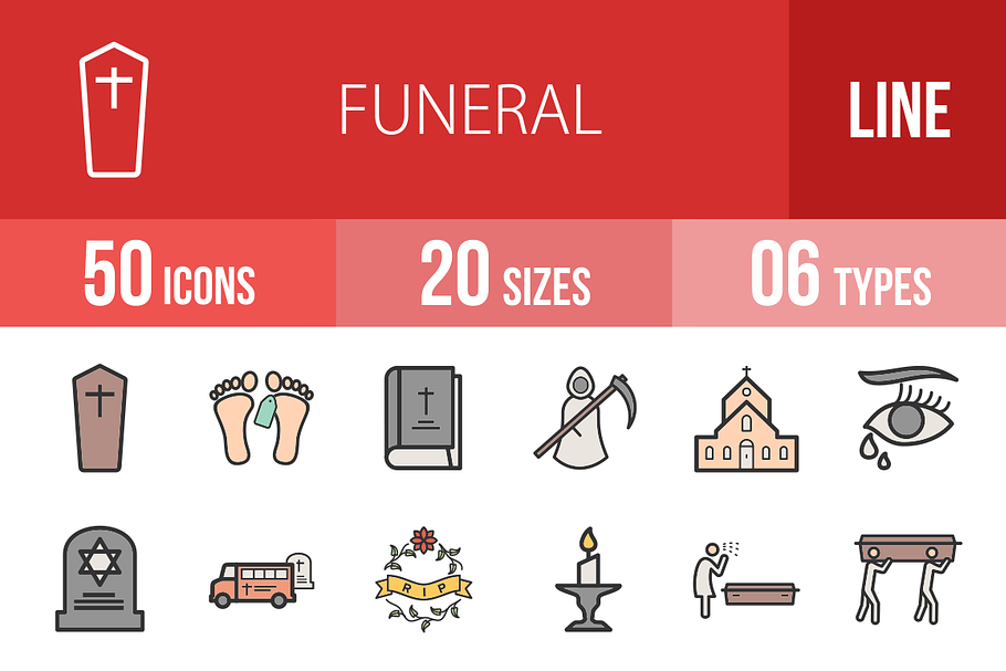 50 Funeral Filled Line Icons