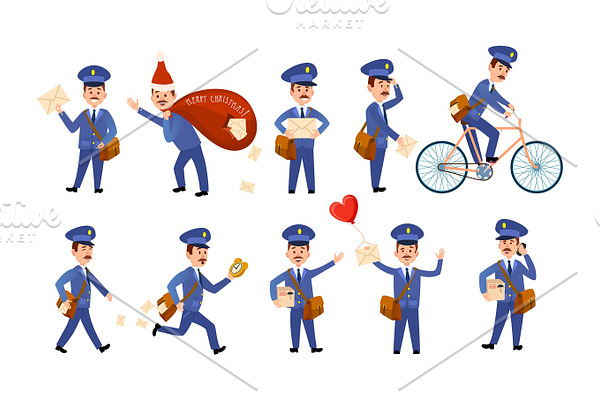 Postman Characters with Bags and on Bike Set.