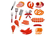 Butchery meat sausage salami vector isolated icons