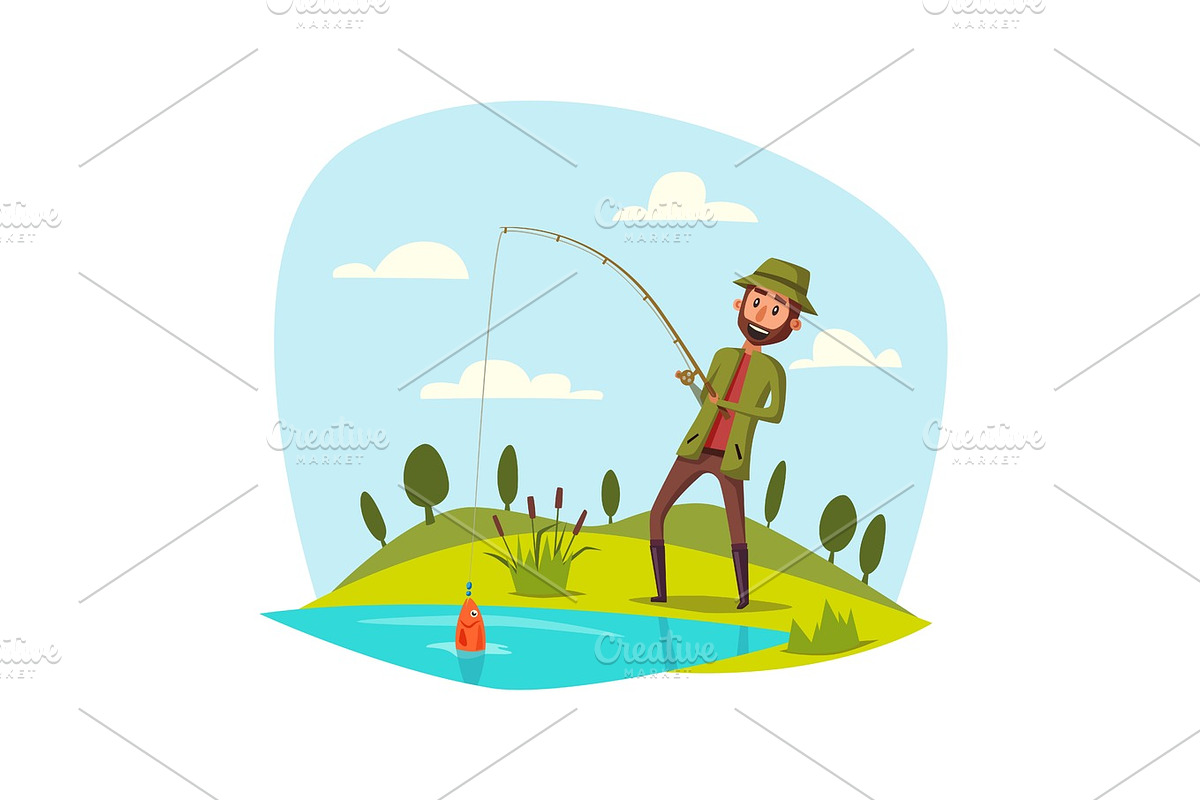 Man fishing with rod, catching vector fish on hook in Illustrations - product preview 8