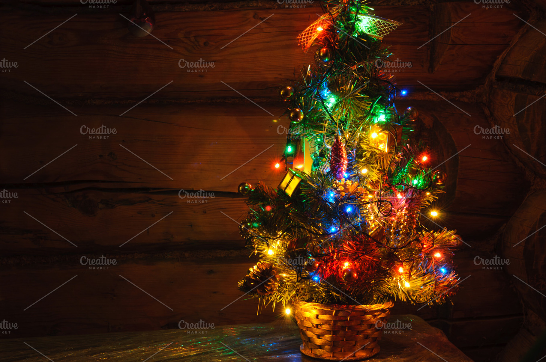 Small Christmas Tree With Multi Colored Lights At Dark Countryside Room