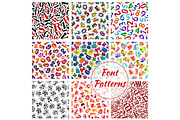 Font patterns, cartoon alphabet letters, numbers