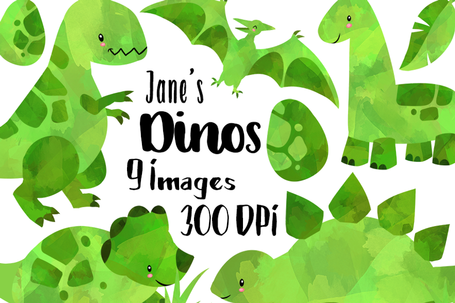 Watercolor Green Dinosaurs Clipart