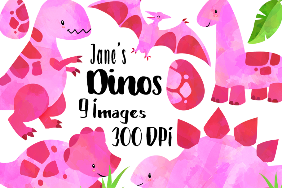 Watercolor Pink Dinosaurs Clipart