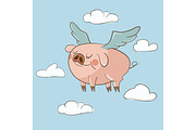 Cute little pig flying in the clouds