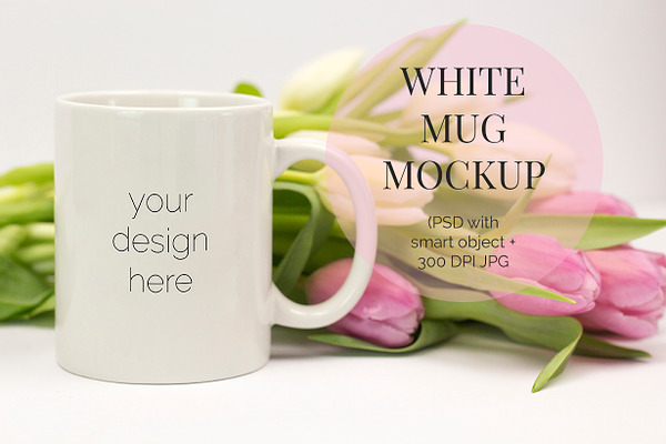 White Mug w Tulips PSD Mockup
