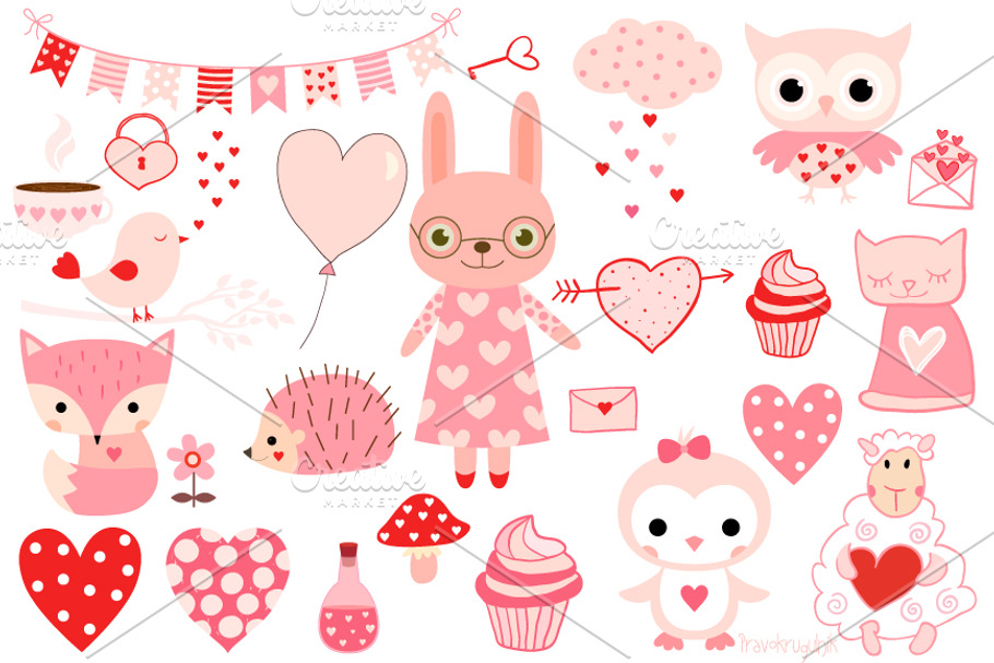 Pink Valentine animals clipart set