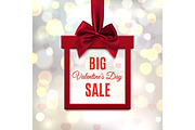 Big, Valentines Day Sale. Red, square banner in form of gift.