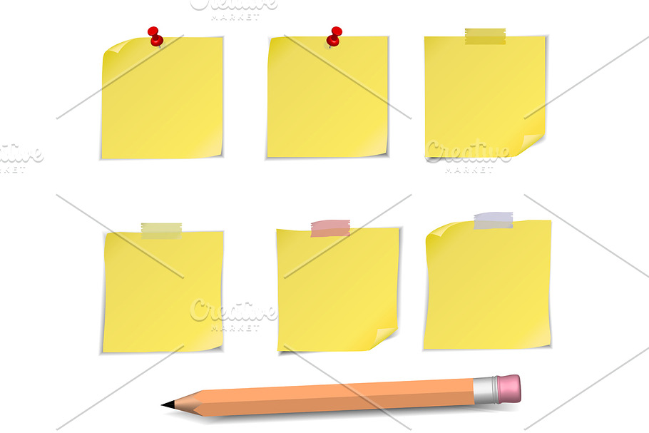 Adhesive Notes with pin and pencil in Objects - product preview 8