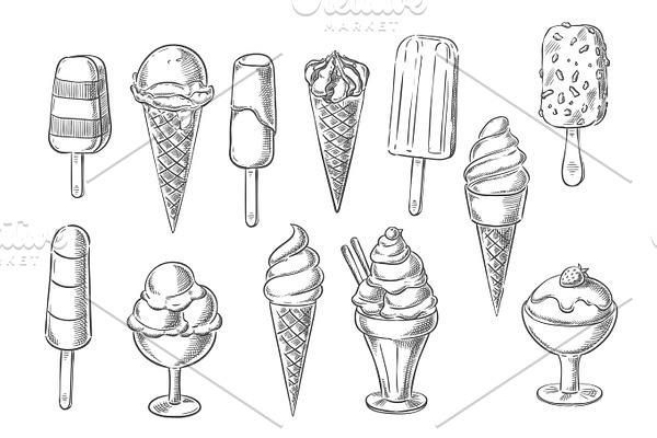 Ice cream desserts sketch vector icons