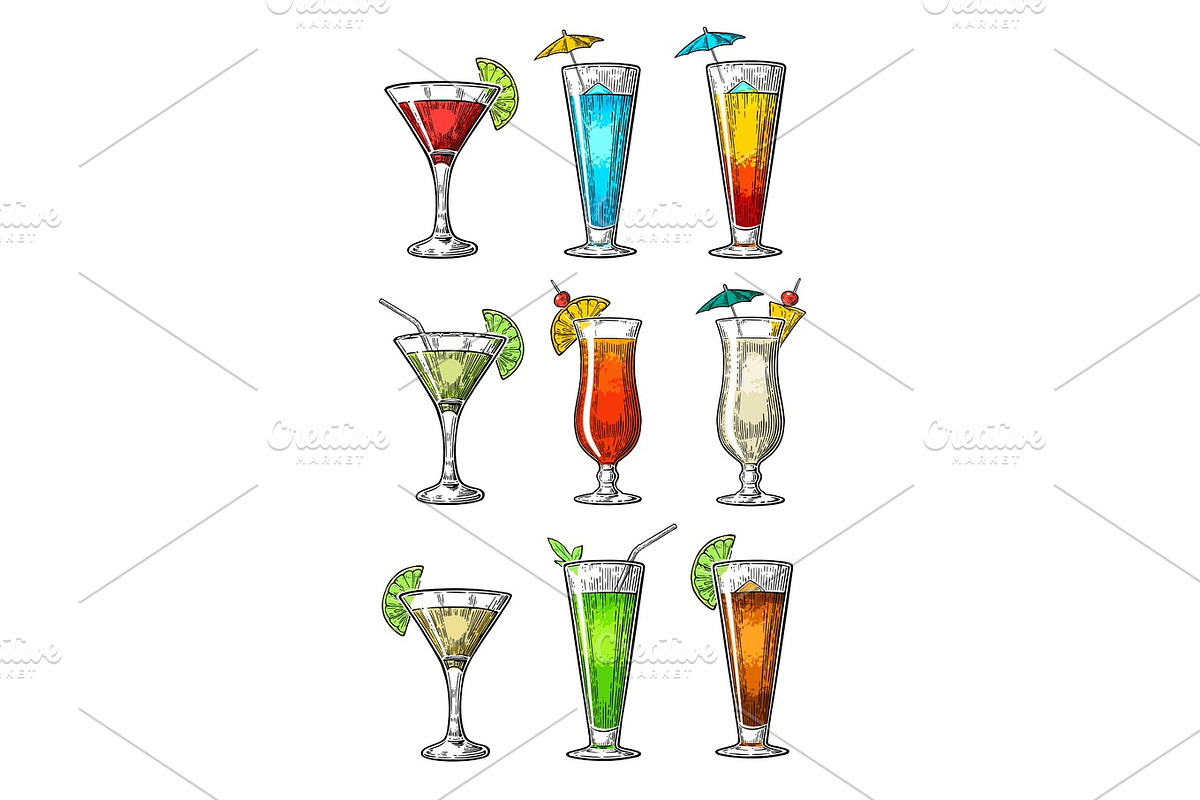 Alcohol cocktail set margarita, sex on the beach, pina colada in Illustrations - product preview 8