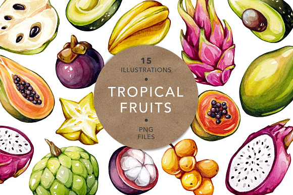 Tropical Fruits, Watercolor  in Illustrations - product preview 2