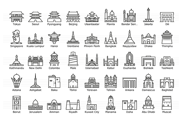 Asian Capitals Icon Set in Simple Icons - product preview 1