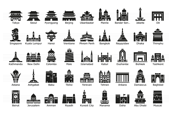 Asian Capitals Icon Set in Simple Icons - product preview 2