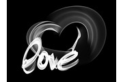 Love isolated word lettering and heart written with fire flame or smoke on black background
