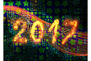 Happy new year 2017 isolated numbers written with flame fire sparkle light on black full of stars background  elegant wave