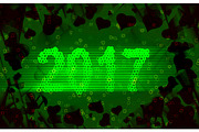 Happy new year 2017 isolated numbers written with light on black tech geometric background full of hearts
