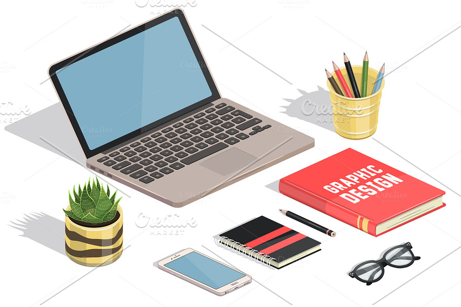Workspace isometric items. Vector in Illustrations - product preview 8