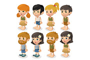 Vector set of boys and girls in summer clothes