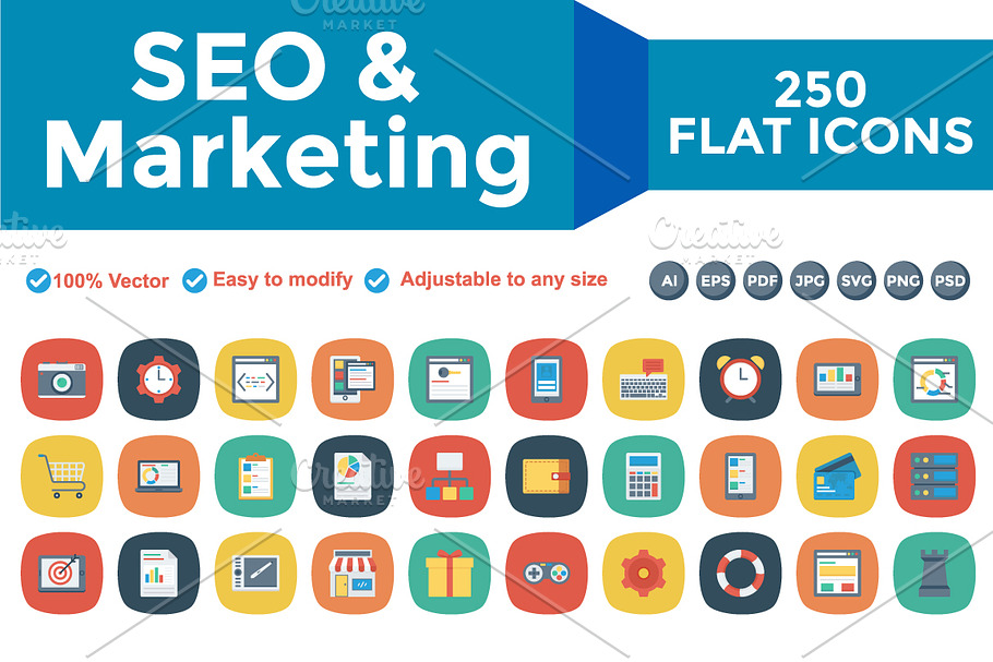 SEO & Marketing Flat Square Icons