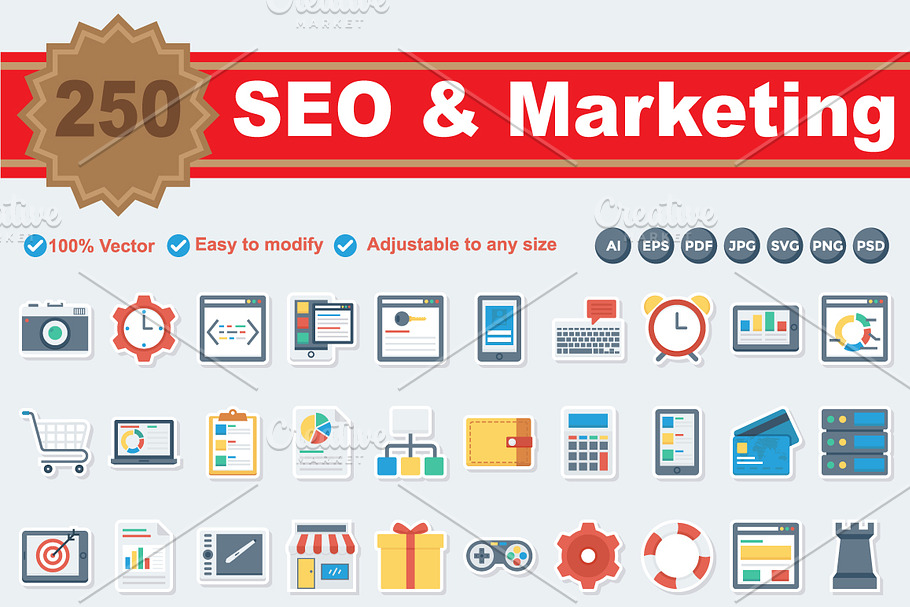SEO & Marketing Flat Paper Icons