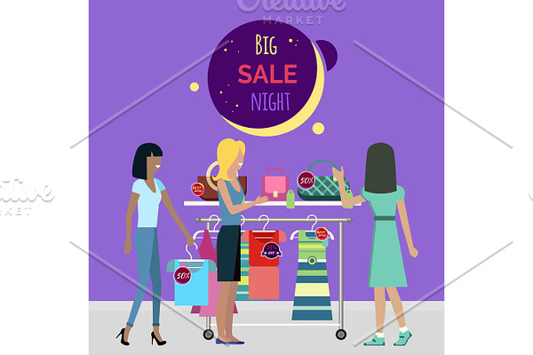 Big Night Sale in Fashionable Boutique. Vector