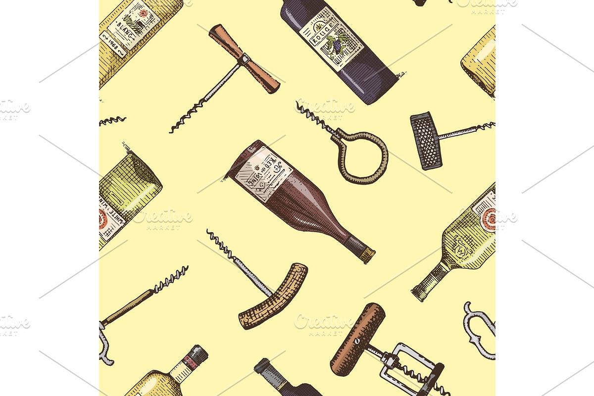 Seamless background with corkscrew and wine bottles engraved vintage pattern. in Textures - product preview 8