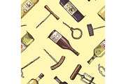Seamless background with corkscrew and wine bottles engraved vintage pattern.