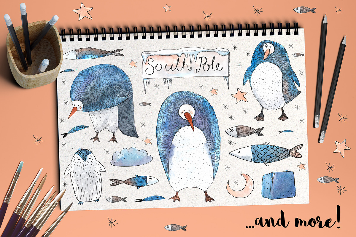 Penguin and Fish Watercolor Set in Illustrations - product preview 8
