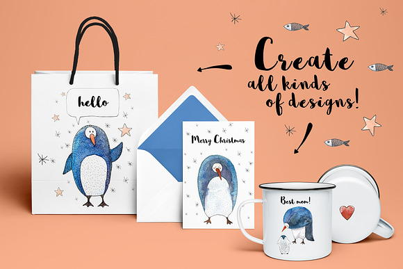 Penguin and Fish Watercolor Set in Illustrations - product preview 1