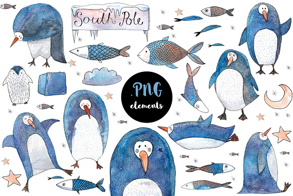 Penguin and Fish Watercolor Set in Illustrations - product preview 3