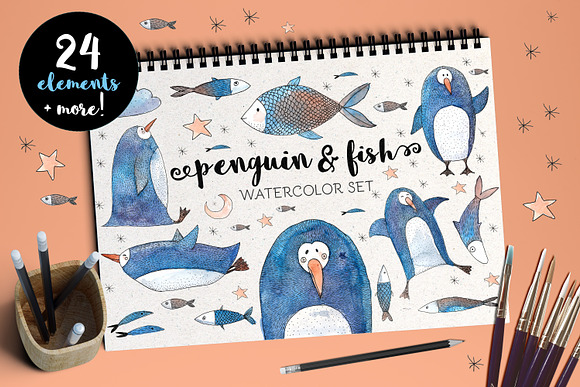 Penguin and Fish Watercolor Set in Illustrations - product preview 7
