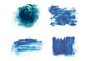 Blue paint watercolor aquarelle stains splatter splashes with rough strokes and edges in grunge style.