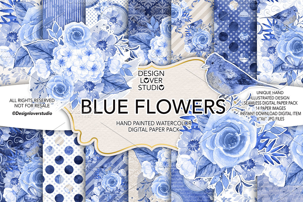 Watercolor BLUE FLOWERS DP pack in Patterns - product preview 8