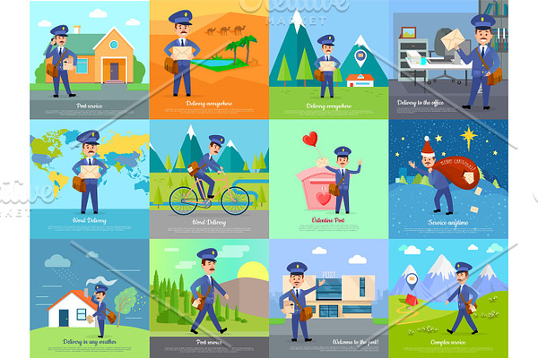 Set of icon with postman characters and mail boxes
