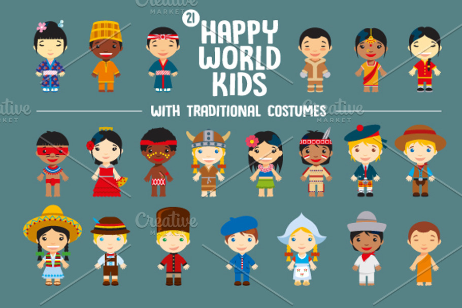 World Kids with traditional costumes in Illustrations - product preview 8
