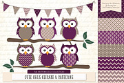 Owls Clipart & Patterns in Plum