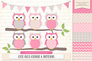Owls Clipart & Patterns in Pink