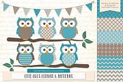 Vintage Blue Owl Clipart & Patterns