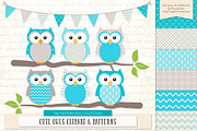 Tropical Blue Owl Clipart & Patterns
