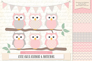 Owls Clipart & Patterns in Soft Pink