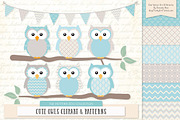 Owls Clipart & Patterns in Soft Blue